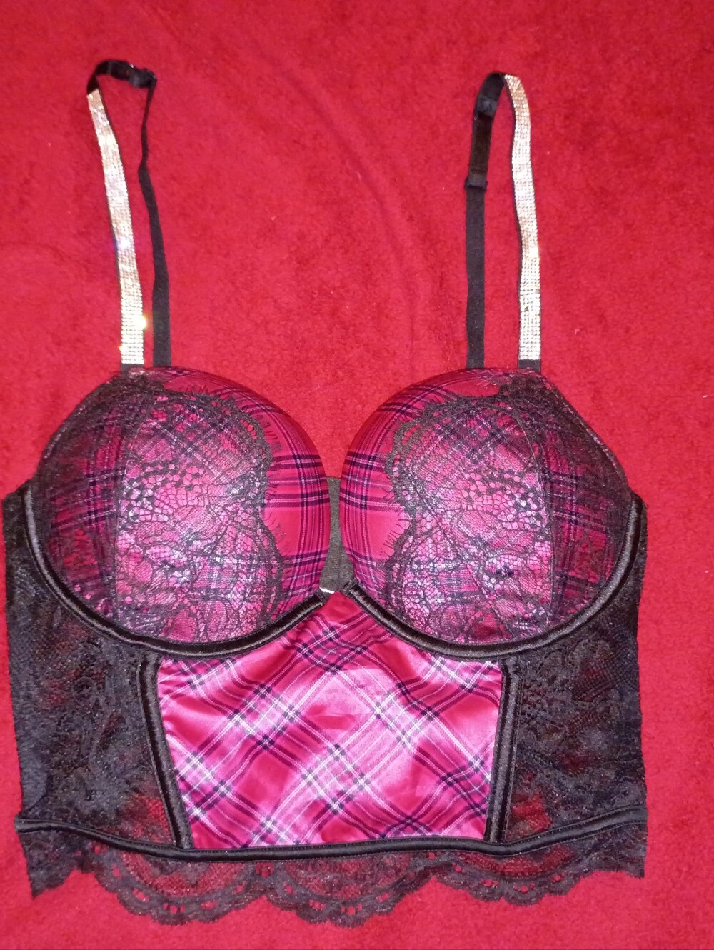 Victoria's Secret Black Lace & Magenta Plaid PushUp Bustier W/ Rhinestone Straps